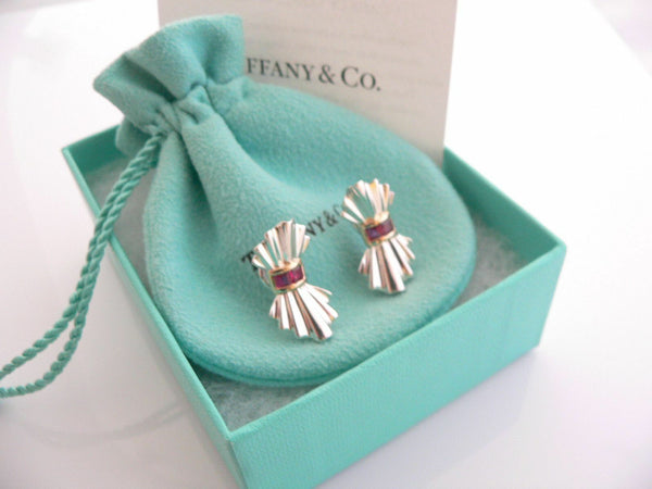 Tiffany & Co Ribbon Earrings Silver 14K Gold Ruby Gemstone Studs Gift Love Pouch