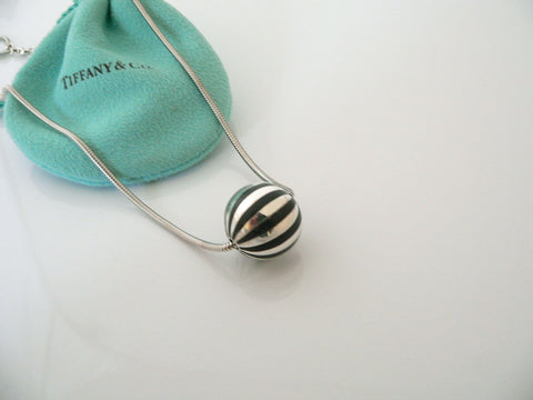 Tiffany & Co Black Enamel Ball Necklace Silver Stripe Pendant Snake Chain Gift