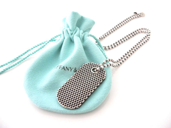 Tiffany & Co Dog Tag Necklace Textured Beaded 20 in Chain Silver Love Gift Pouch