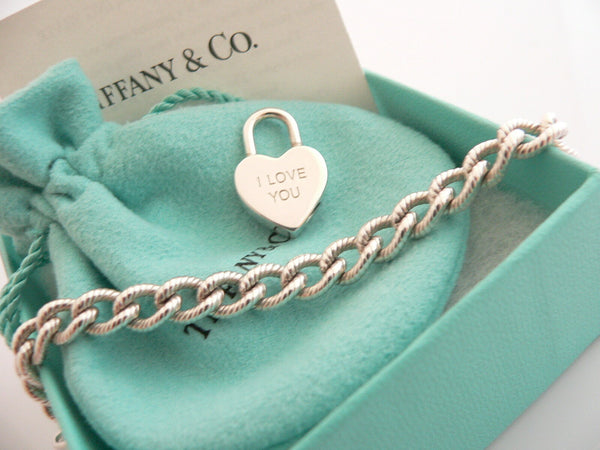 Tiffany & Co Silver I LOVE YOU Heart Padlock Bracelet Cable 7.75 Inch Textured