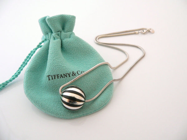 Tiffany & Co Black Enamel Ball Necklace Silver Stripe Pendant Snake Chain Gift