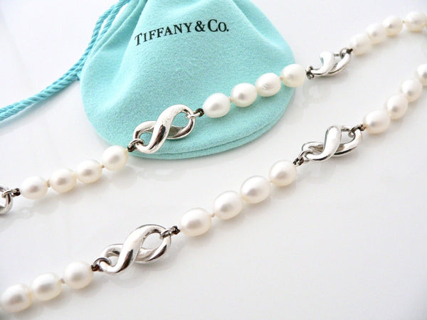 Tiffany & Co Pearl Necklace Strand Infinity Charm Pendant Chain Love Gift Pouch