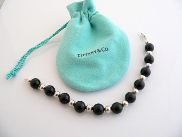 Tiffany & Co Silver Onyx Ball Bead Bracelet Bangle Chain 7.75 In Gift Pouch Love