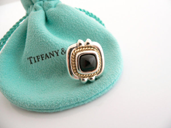 Tiffany & Co 18K Silver Onyx Earrings Gold Rope Square Studs Pierced Gift Pouch