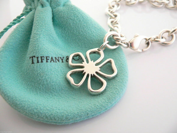 Tiffany & Co Silver Open Flower Bracelet Bangle Cable Link Chain Gift Nature Art