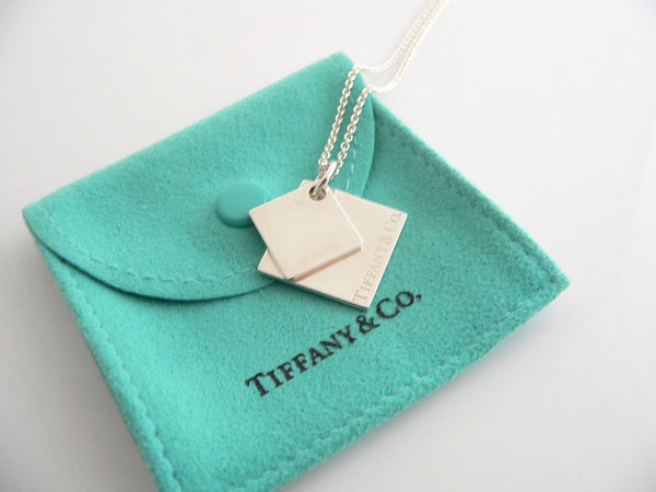 Tiffany & Co Silver Double Squares Necklace Pendant 18 Inch Chain Gift Pouch