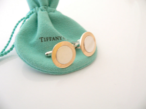 Tiffany & Co Silver 18K Gold Circle Cuff Links Rare Engravable Gift Pouch Love