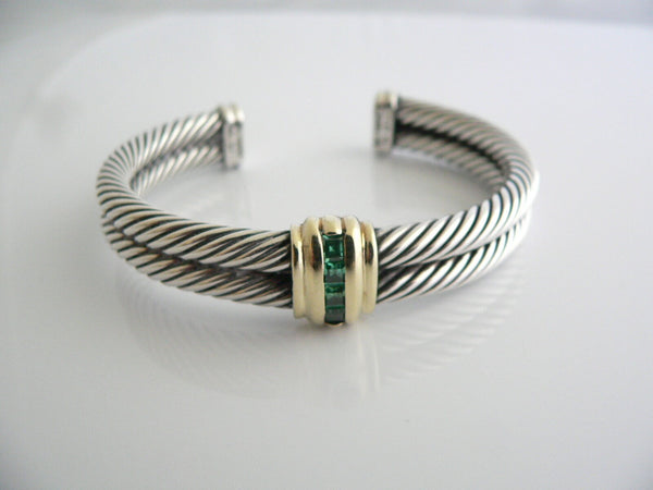 David Yurman Silver 14K Gold Green Quartz Wide Classic Cable Cuff Bracelet Gift