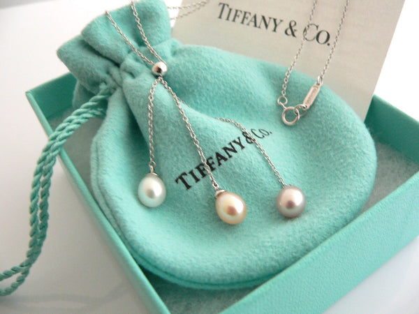 Tiffany & Co 18K Gold Pearl Drop Dangle Necklace Pendant Chain Gift Pouch Love