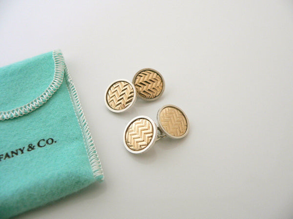 Tiffany & Co Silver Gold Textured Double Circle Round Cuff Links Gift Pouch Love