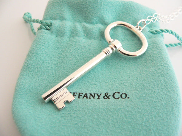 Tiffany Co Silver Large Oval Key Necklace Pendant 24 inch Chain Gift Pouch Love