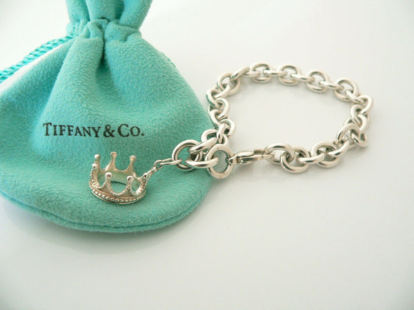 Tiffany & Co Silver Crown Princess Bracelet Charm Attached Gift Pouch Love
