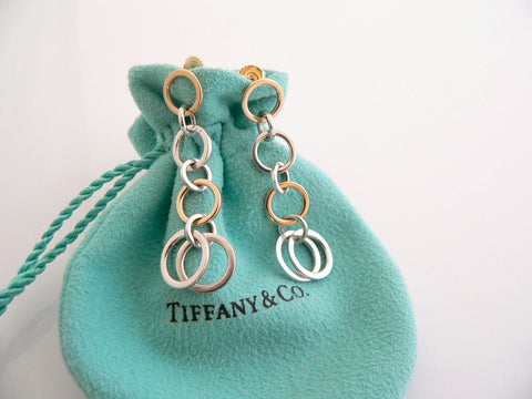 Tiffany & Co Silver 18K Gold Circles Dangling Dangle Earrings Love Gift Pouch