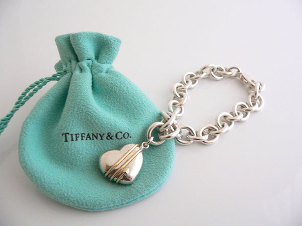 Tiffany & Co Silver 18K Gold Heart Arrow Charm Dangle Bracelet Bangle Gift Pouch