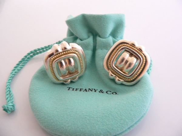 Tiffany & Co Silver 18K Gold Rope Square Clip On Earrings Gift Pouch Love