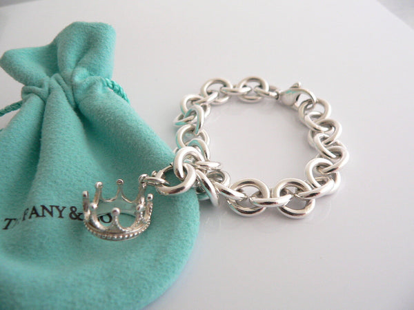 Tiffany & Co Silver Crown Bracelet Charm Princess 8 Inch Longer Gift Pouch Love