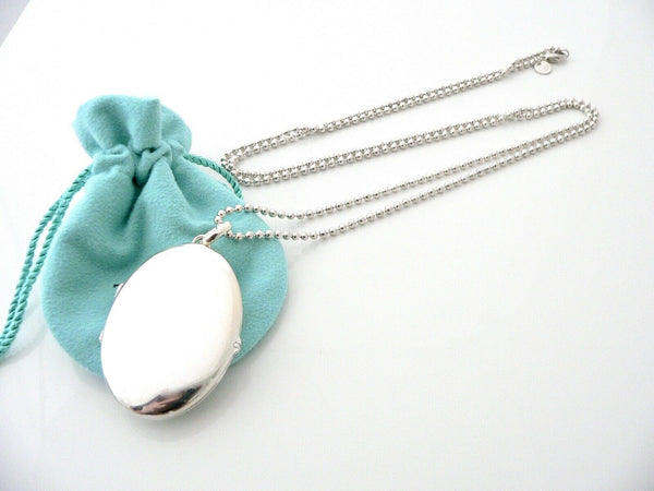 Tiffany & Co Silver Large Oval Locket Necklace Pendant 34 Inch Long Bead Chain XL Gift Love
