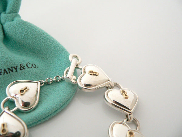 Tiffany & Co Silver 18K Gold Heart Key Hole Padlock Toggle Bracelet Gift Pouch