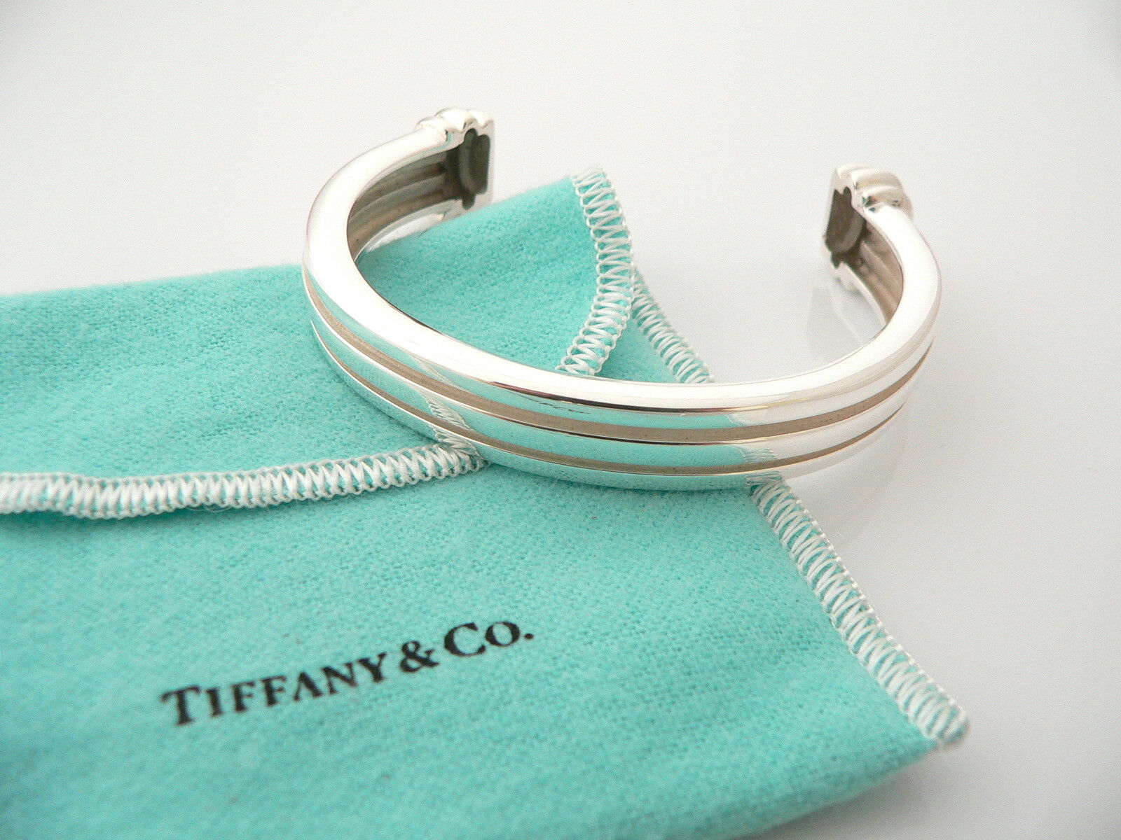 Tiffany & Co Silver Atlas Cuff Groove Stripe Bracelet Bangle Gift Pouch Love Art