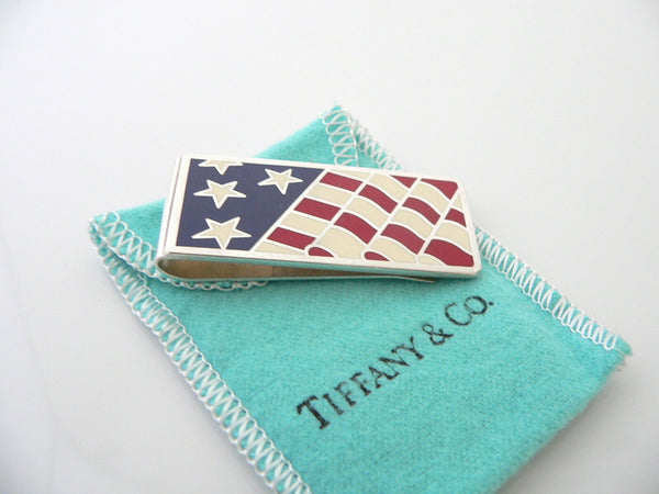 Tiffany & Co Silver Flag Money Clip Red White Blue Enamel Holder Gift Love USA