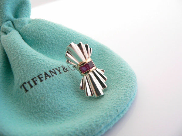 Tiffany & Co Ribbon Earrings Silver 14K Gold Ruby Gemstone Studs Gift Love Pouch