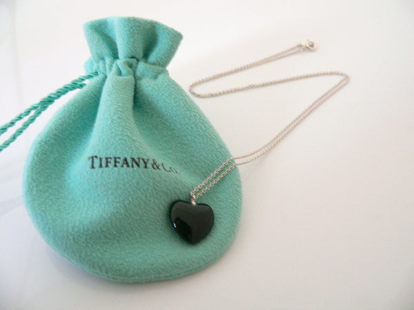 Tiffany & Co Silver Onyx Heart Necklace Pendant 20 In Chain Gift Pouch Gemstone