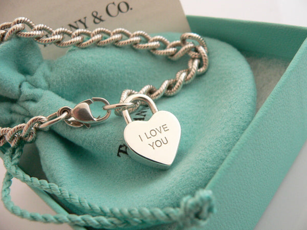 Tiffany & Co Silver I LOVE YOU Heart Padlock Bracelet Cable 7.75 Inch Textured