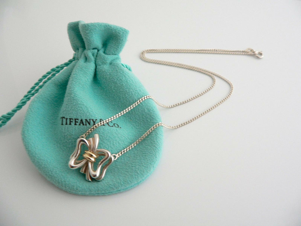 Tiffany & Co. Twist Bow Ribbon Necklace 16 Silver 925 & 18K Gold Auth w/Bag