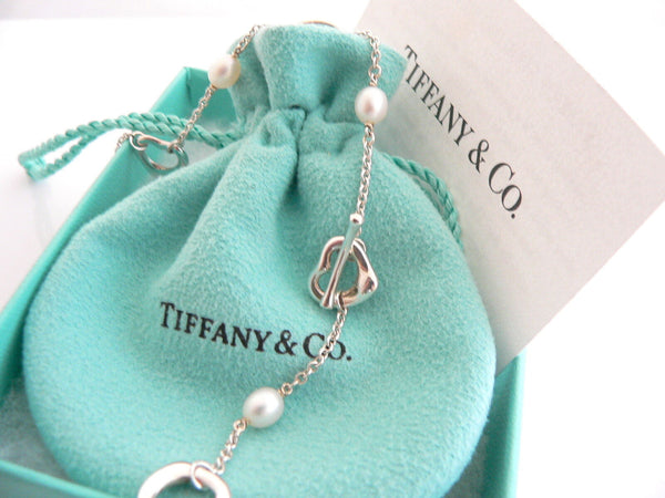 Tiffany & Co Silver Peretti Open Heart Pearl Necklace Pendant Chain Gift Pouch