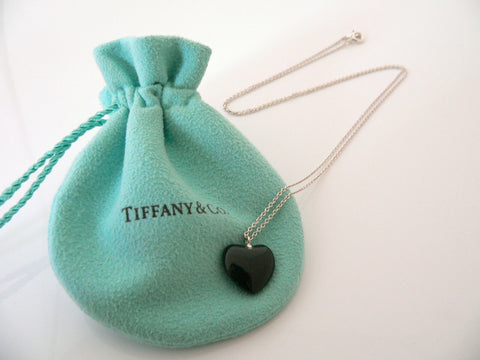 Tiffany & Co Silver Onyx Heart Necklace Pendant 20 In Chain Gift Pouch Gemstone