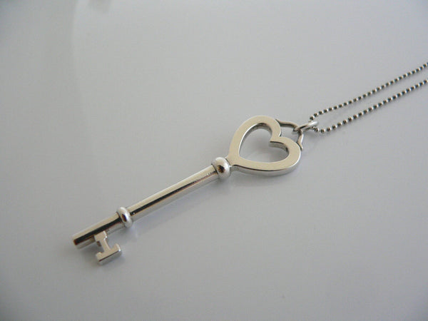 Tiffany Co Silver Large Heart Key Necklace Pendant Charm Bead Chain Gift Love