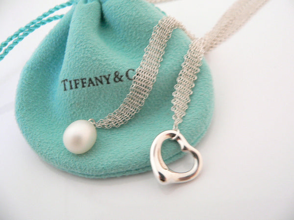 Tiffany & Co Open Heart Necklace Pearl Pendant Charm 25 Inch Mesh Gift Pouch Art