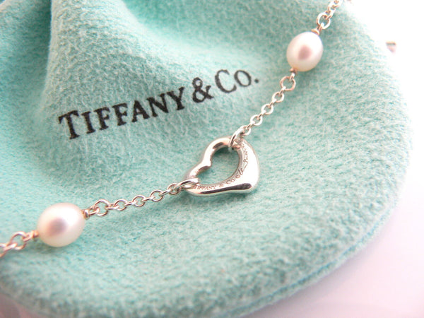 Tiffany & Co Silver Peretti Open Heart Pearl Necklace Pendant Chain Gift Pouch