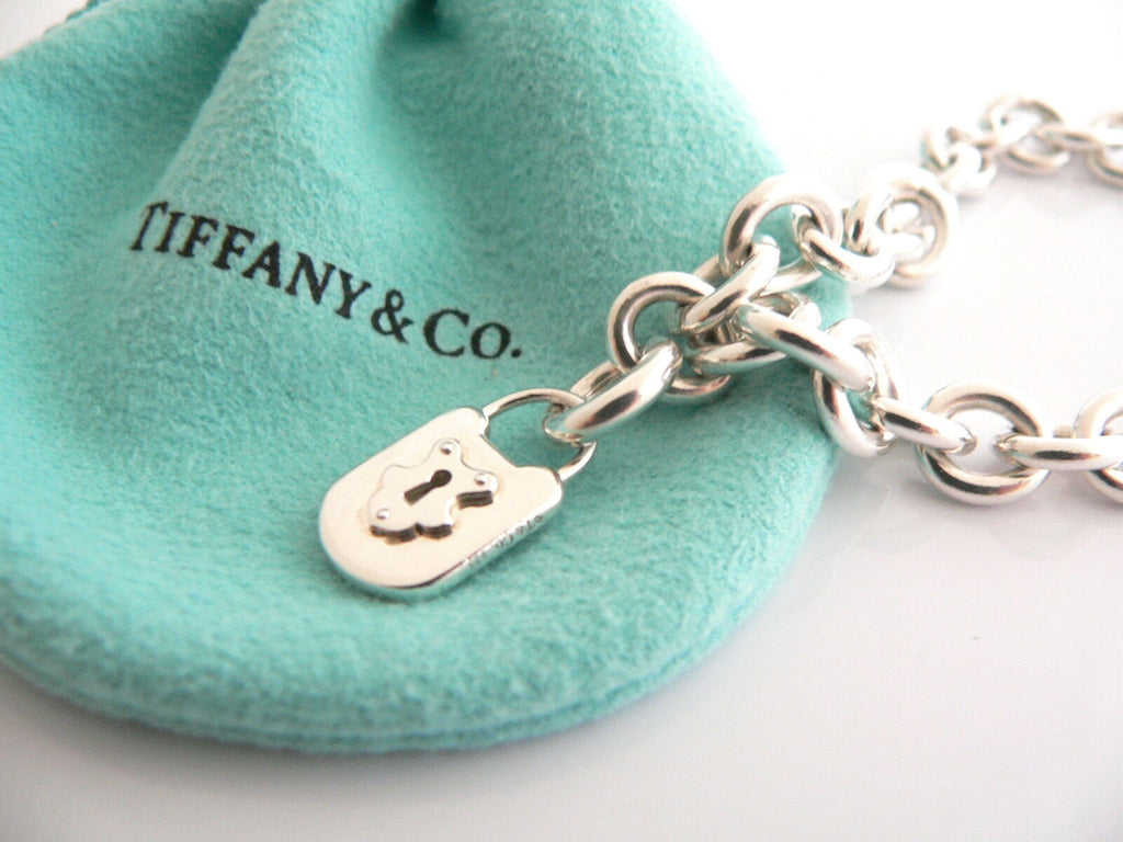 Tiffany & Co Silver Heart Key Hole Locks Bracelet Bangle Link 7.75 Inches  Gift