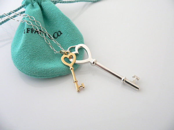 Tiffany Co Silver 18K Gold Large Heart Keys Necklace Pendant Charm 24 Inch Gift