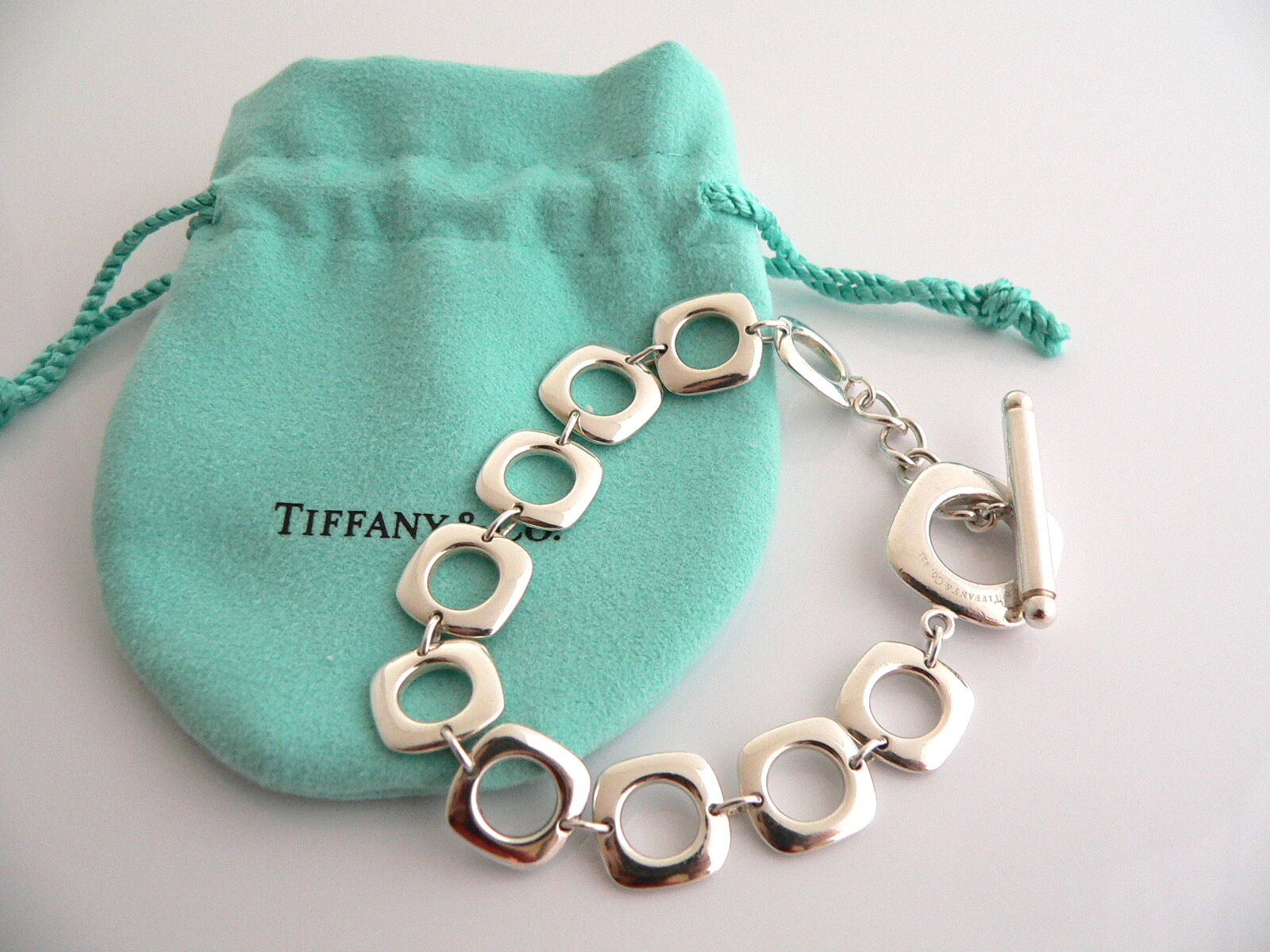 Tiffany & Co Silver Cushion Square Toggle Link Bracelet Bangle Chain 7.5 In Gift