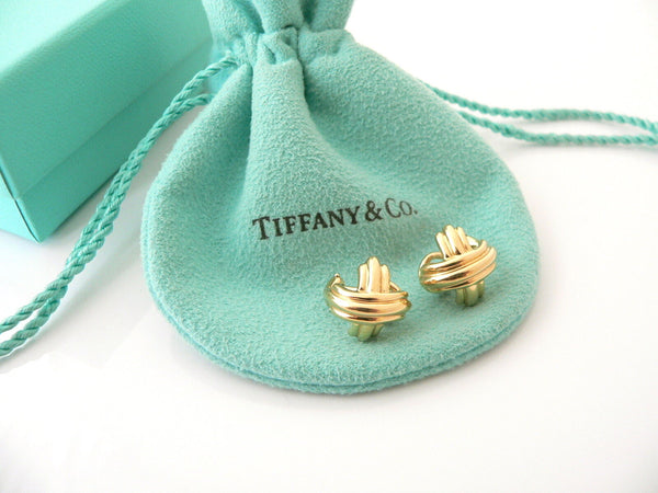 Tiffany & Co 18K Gold Signature X Earrings Studs Omega Backs Gift Pouch Box Love