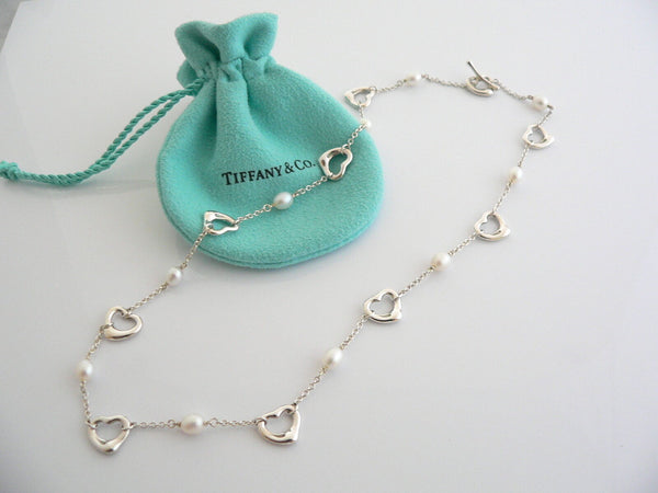 Tiffany & Co Silver Peretti Open Heart Pearl Necklace Pendant Chain Gift Pouch