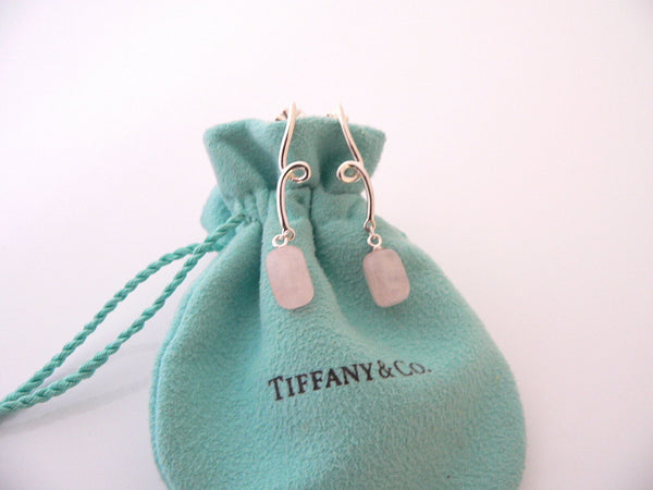 Tiffany & Co Silver Pink Rose Quartz Twirl Dangling Earrings Gift Pouch Love Art