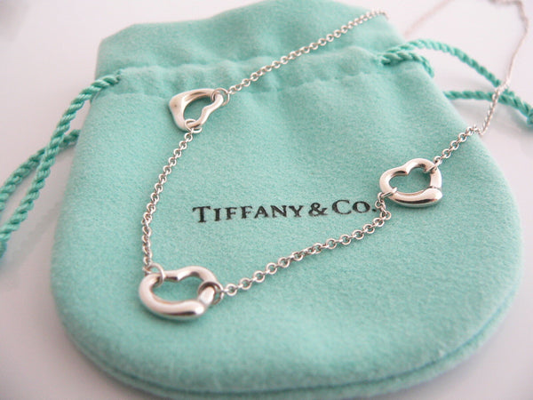 Tiffany & Co Silver Peretti 3 Open Heart Pendant Necklace Charm Chain Gift Pouch