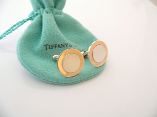 Tiffany & Co Silver 18K Gold Circle Cuff Links Rare Engravable Gift Pouch Love