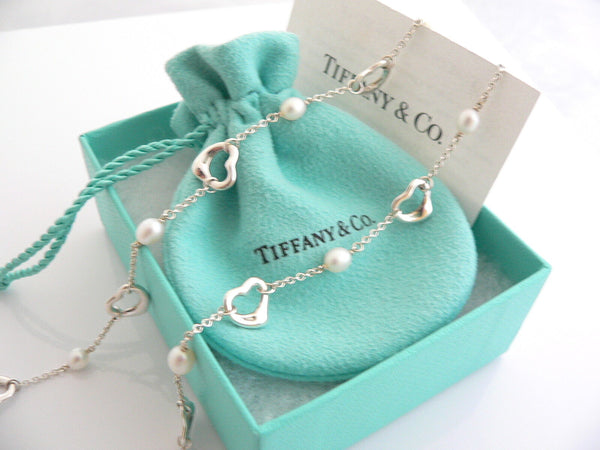 Tiffany & Co Silver Peretti Open Heart Pearl Necklace Pendant Chain Gift Pouch