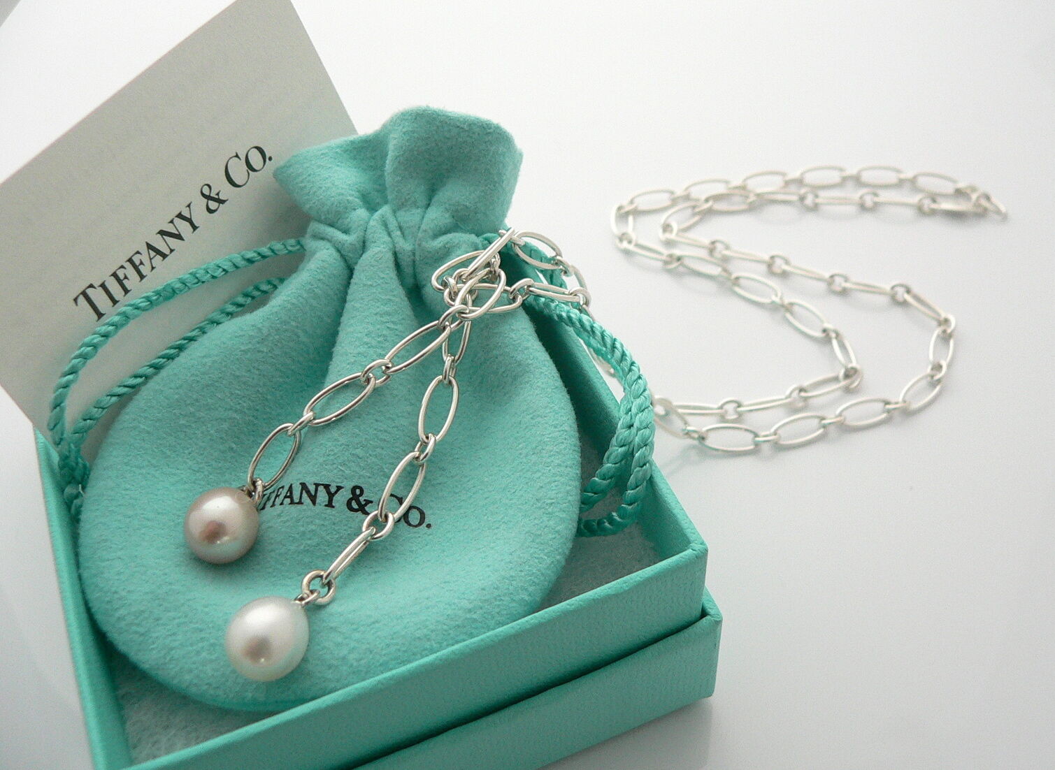 Tiffany & Co Pearl Necklace Tassel Oval Link Wrap Chain Charm Love Gift Pouch