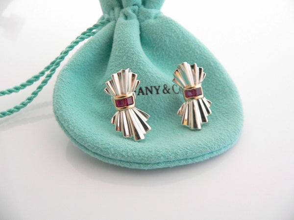 Tiffany & Co Ribbon Earrings Silver 14K Gold Ruby Gemstone Studs Gift Love Pouch