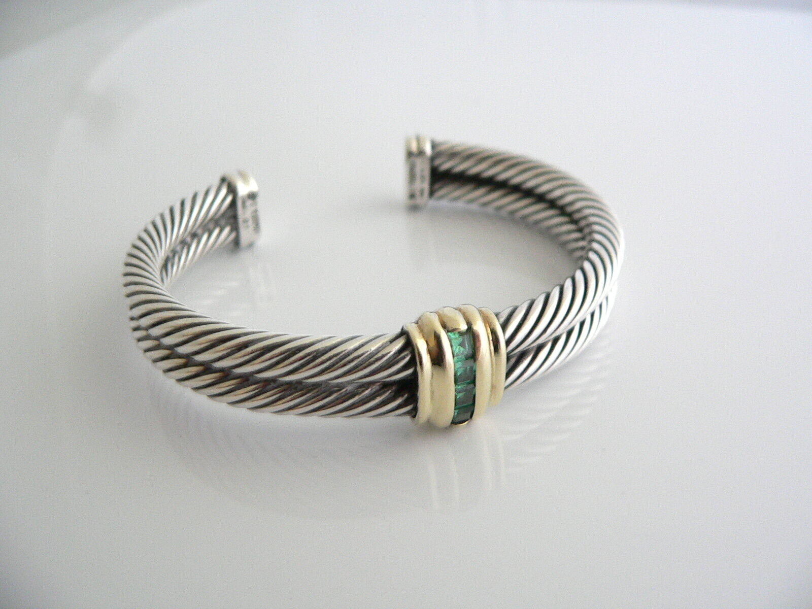 David Yurman Silver 14K Gold Green Quartz Wide Classic Cable Cuff Bracelet Gift