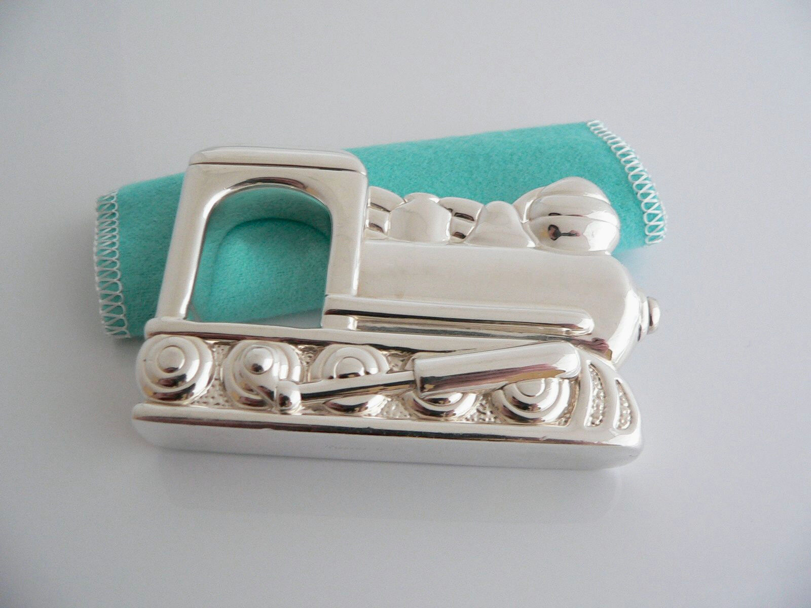 Tiffany & Co Train Rattle Silver Engine Toy Heirloom Baby Shower Gift Pouch Love