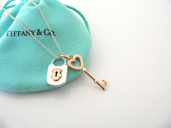 Tiffany Co Silver 18K Rose Gold Heart Key Locks Necklace Pendant Charm Gift Love