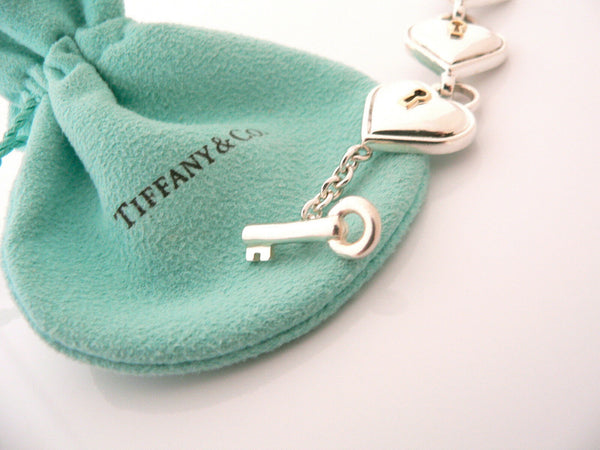 Tiffany & Co Silver 18K Gold Heart Key Hole Padlock Toggle Bracelet Gift Pouch