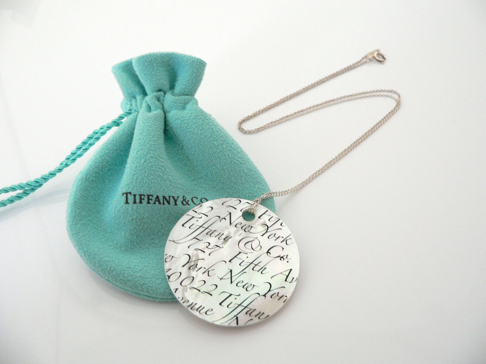 Tiffany & Co Silver Mother Pearl Necklace Notes Charm 20 In Chain Gift Pouch Art