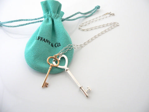 Tiffany Co Silver 18K Rose Gold Oval Heart Key Necklace Pendant Charm 18 Inches